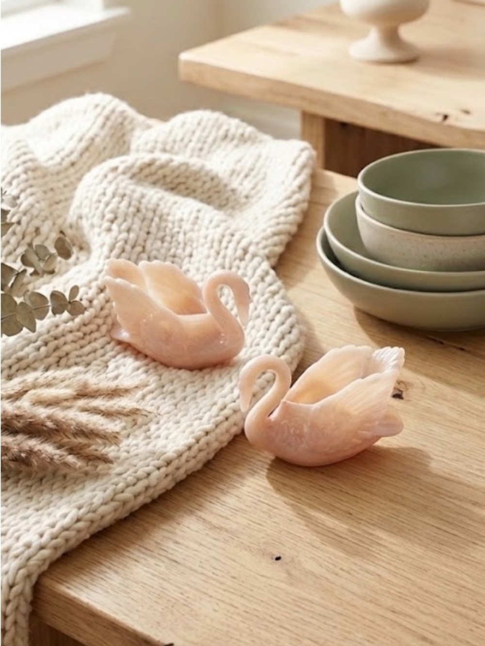 Antique set of 3 Cambridge Pink Swan Salt Dips or trinket dishes